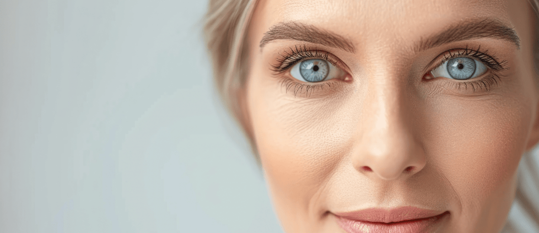 Porträt einer Frau mit makelloser Haut und blauen Augen, die direkt in die Kamera blickt.