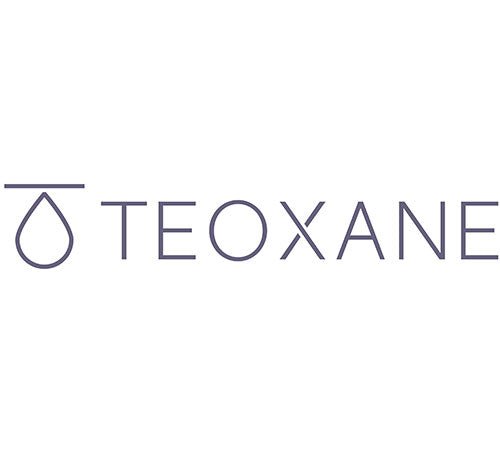 Teoxane Logo mit stilisierter Tropfenform und minimalistischem Schriftzug in Grau auf Weiß